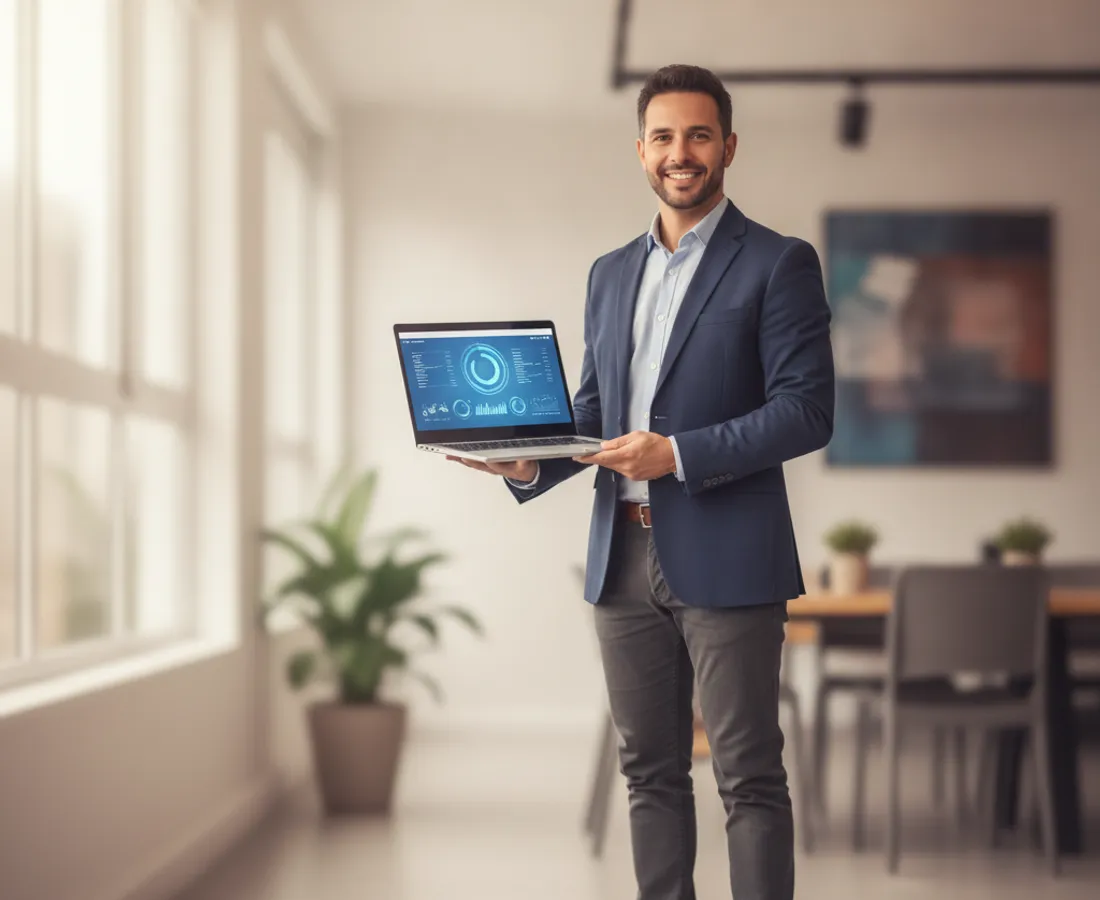 Revendedor de software para prefeituras apresentando um dashboard SaaS de gestão pública em notebook